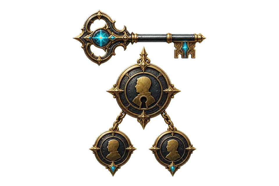 A master account key linked to two game account seals